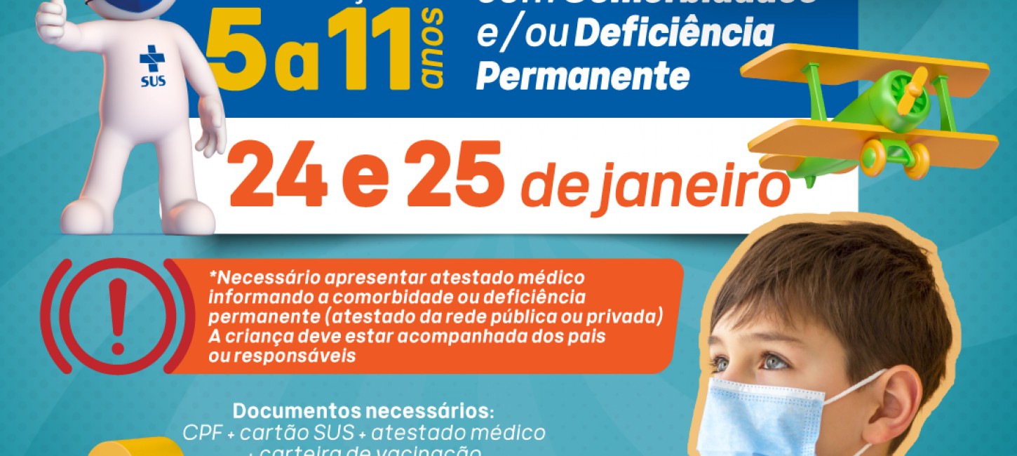 Crianças de 5 a 11 anos, com comorbidades e/ou deficiência permanente, serão vacinadas contra a Covid-19